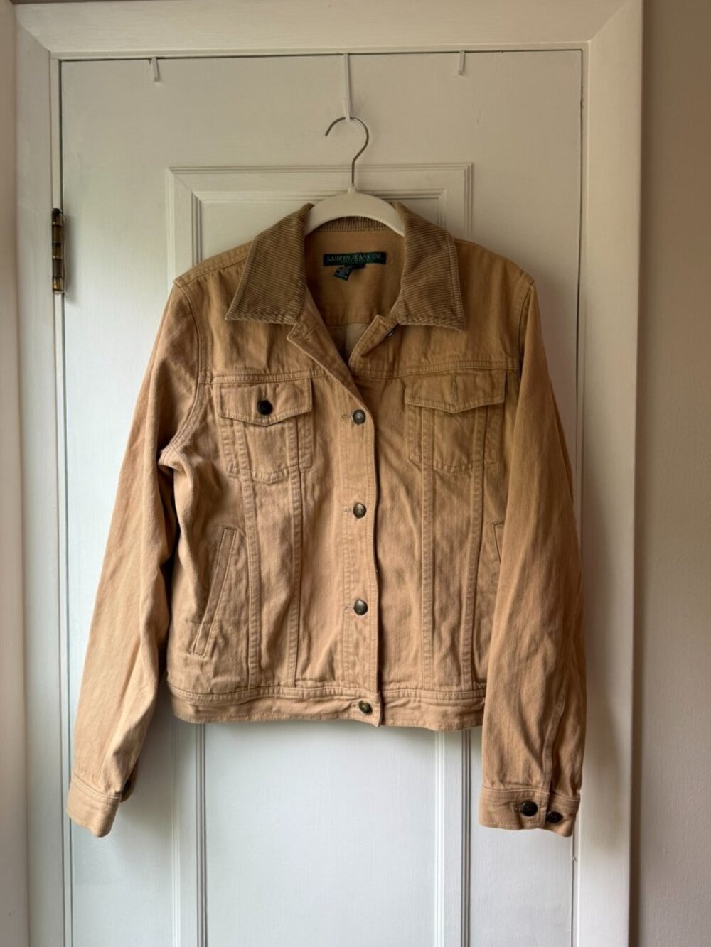 Lauren Ralph Lauren Tan Denim Trucker Jacket Corduroy Collar Women's L - Picture 2 of 8